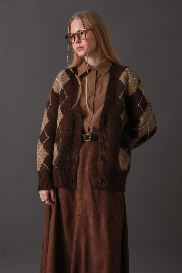 V-Neck Patterned Cardigan Brown - 7