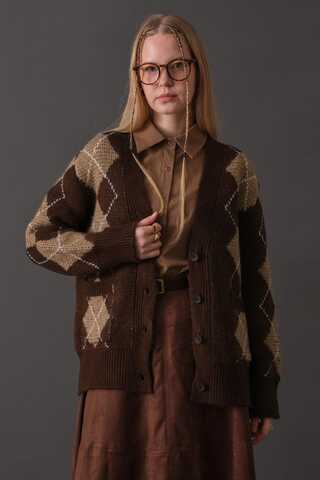 V-Neck Patterned Cardigan Brown - 8