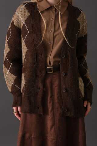 V-Neck Patterned Cardigan Brown - 2