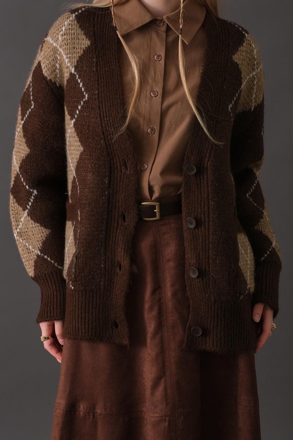 V-Neck Patterned Cardigan Brown - 2