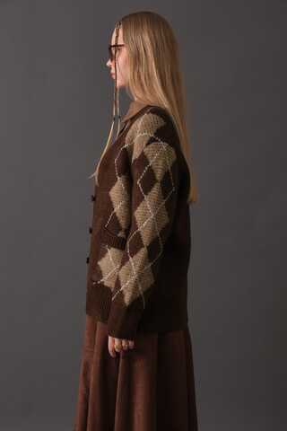 V-Neck Patterned Cardigan Brown - 9