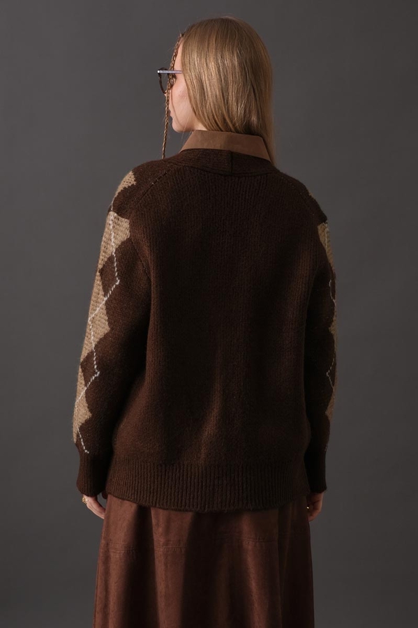 V-Neck Patterned Cardigan Brown - 10