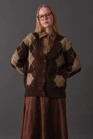 V-Neck Patterned Cardigan Brown - 11