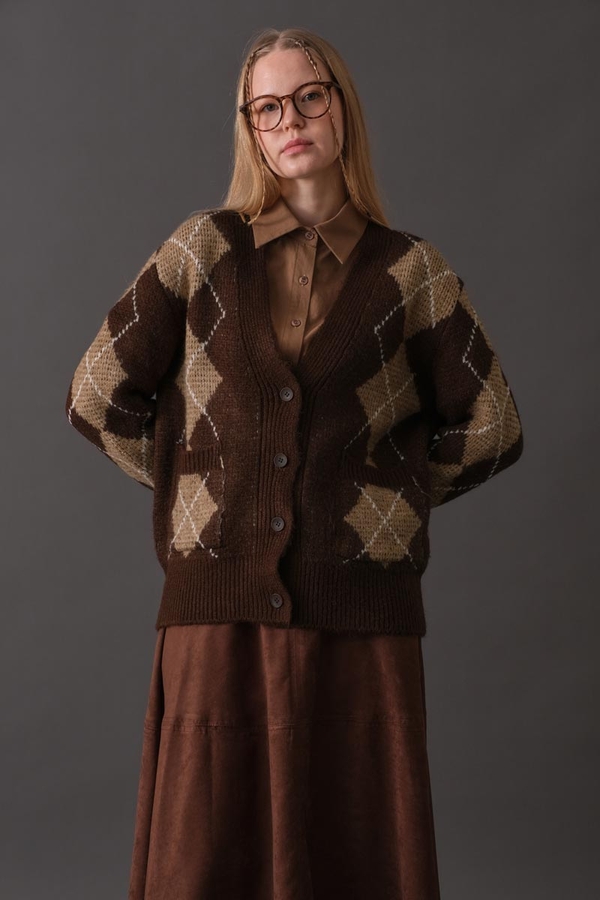 V-Neck Patterned Cardigan Brown - 11