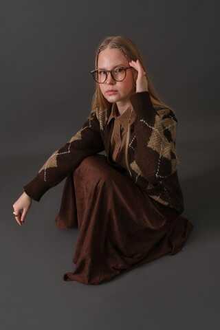 V-Neck Patterned Cardigan Brown - 12