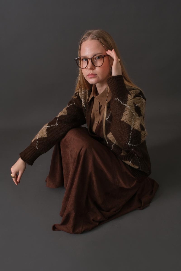 V-Neck Patterned Cardigan Brown - 12