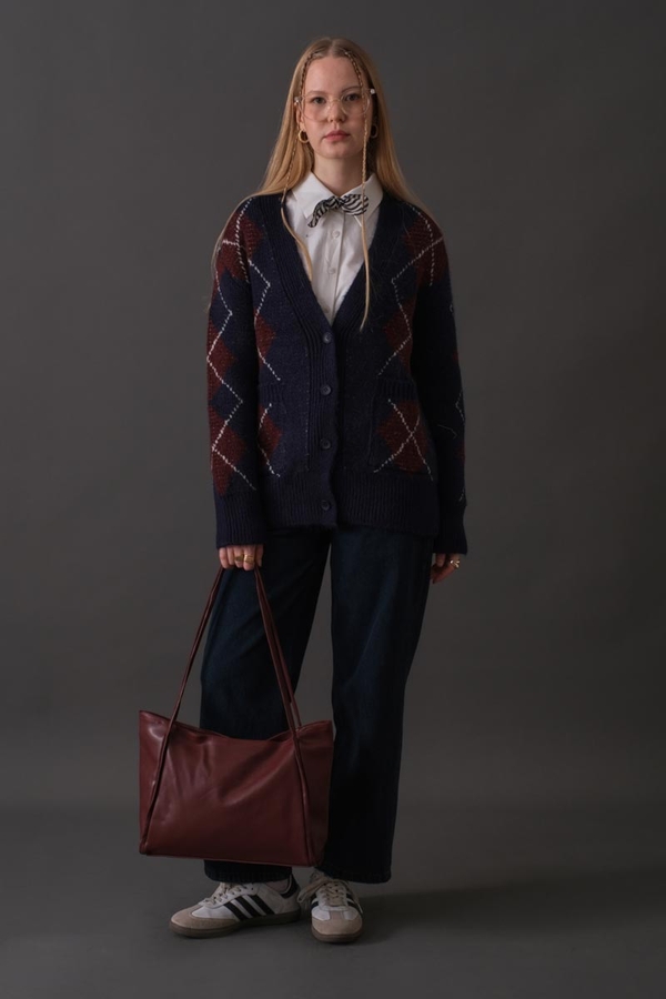 V-Neck Patterned Cardigan Navy - 1