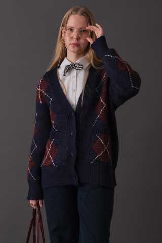 V-Neck Patterned Cardigan Navy - 2