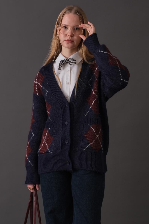 V-Neck Patterned Cardigan Navy - 2