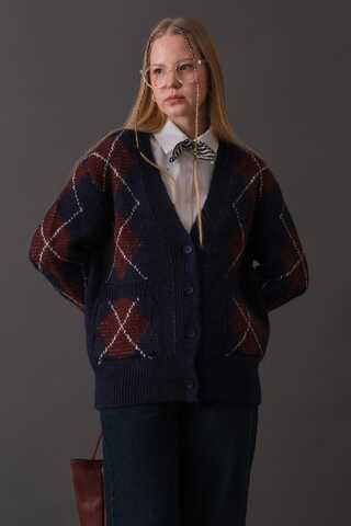 V-Neck Patterned Cardigan Navy - 3