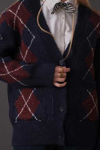 V-Neck Patterned Cardigan Navy - 4