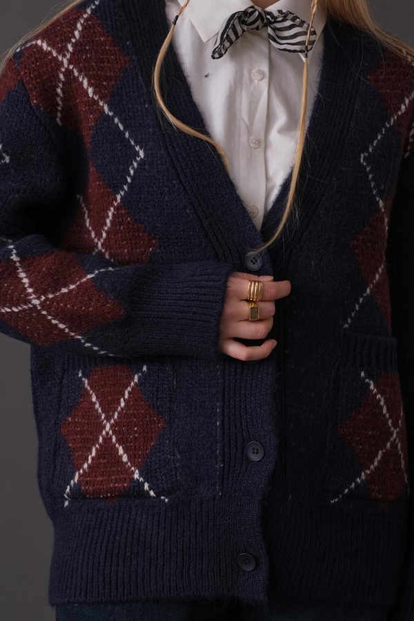 V-Neck Patterned Cardigan Navy - 4