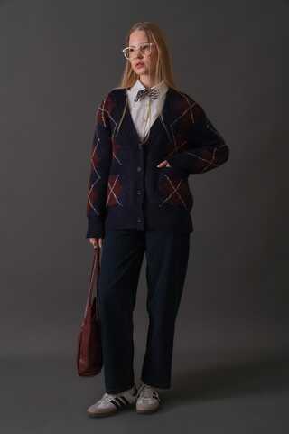 V-Neck Patterned Cardigan Navy - 5