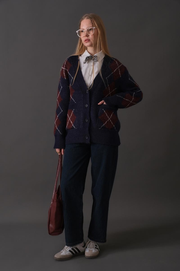 V-Neck Patterned Cardigan Navy - 5