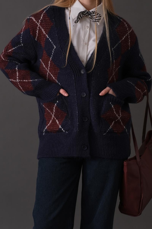 V-Neck Patterned Cardigan Navy - 6