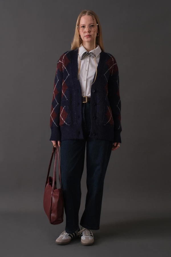 V-Neck Patterned Cardigan Navy - 7