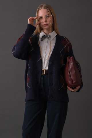 V-Neck Patterned Cardigan Navy - 8