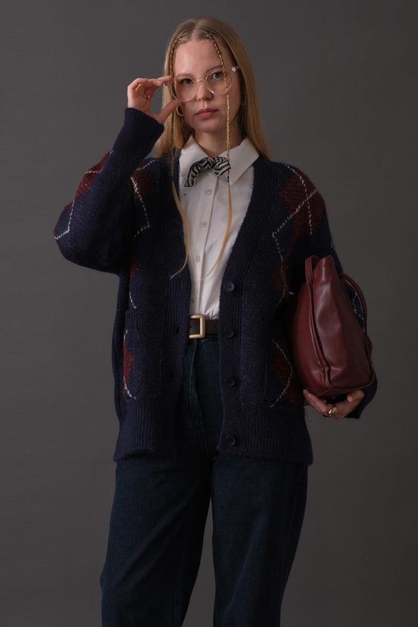 V-Neck Patterned Cardigan Navy - 8