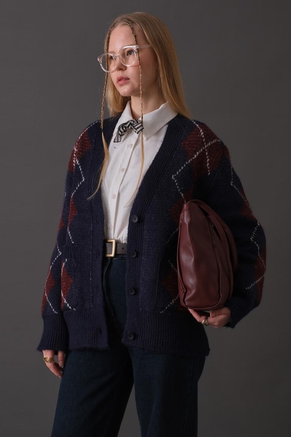 V-Neck Patterned Cardigan Navy - 9