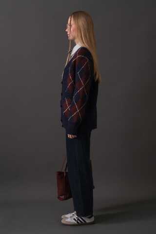 V-Neck Patterned Cardigan Navy - 10