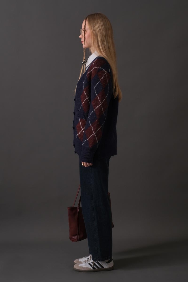 V-Neck Patterned Cardigan Navy - 10