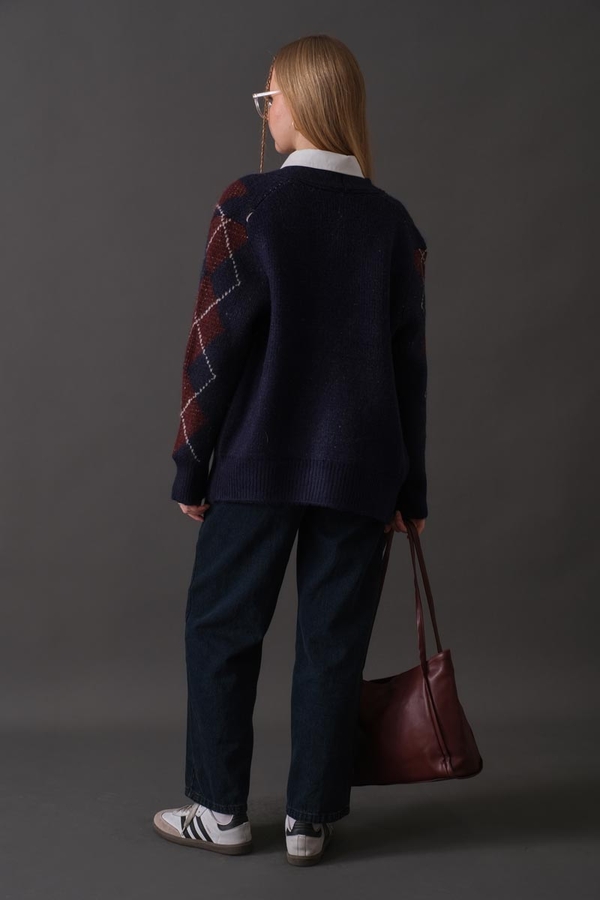 V-Neck Patterned Cardigan Navy - 11