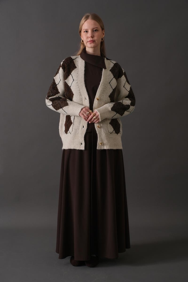 V-Neck Patterned Cardigan Stone - 2