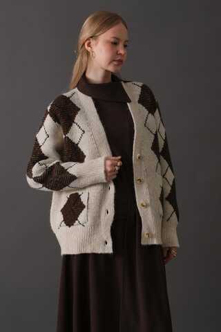 V-Neck Patterned Cardigan Stone - 3