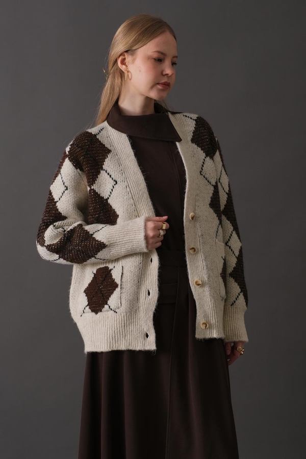 V-Neck Patterned Cardigan Stone - 3