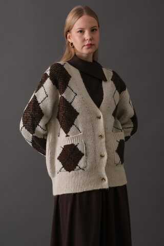 V-Neck Patterned Cardigan Stone - 1