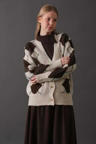 V-Neck Patterned Cardigan Stone - 4