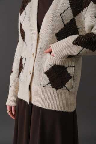 V-Neck Patterned Cardigan Stone - 5