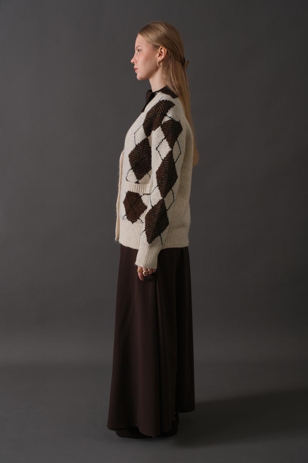 V-Neck Patterned Cardigan Stone - 6