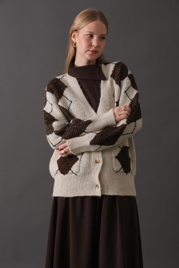 V-Neck Patterned Cardigan Stone - 4