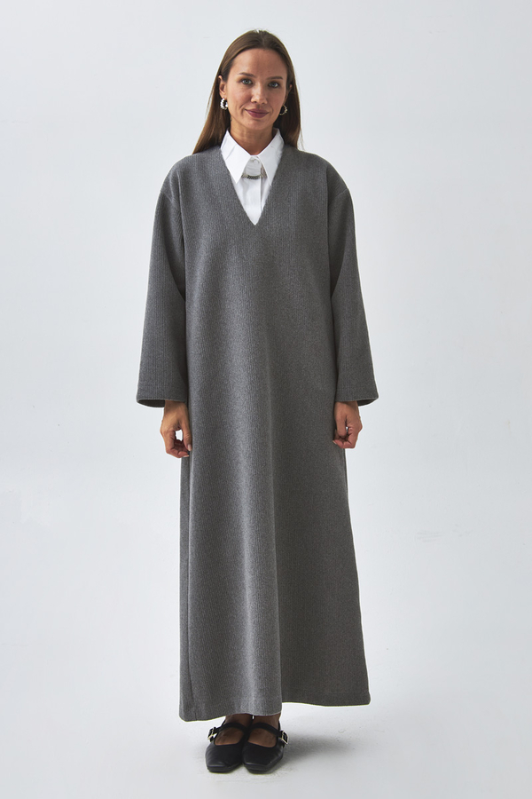 V Neck Textured Stripe Dress Anthracite - 3