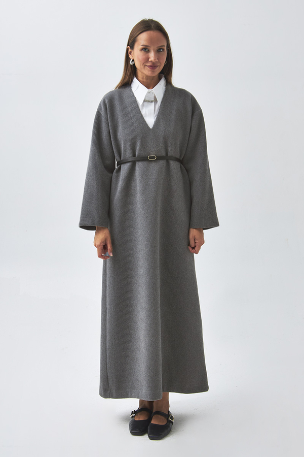 V Neck Textured Stripe Dress Anthracite - 6