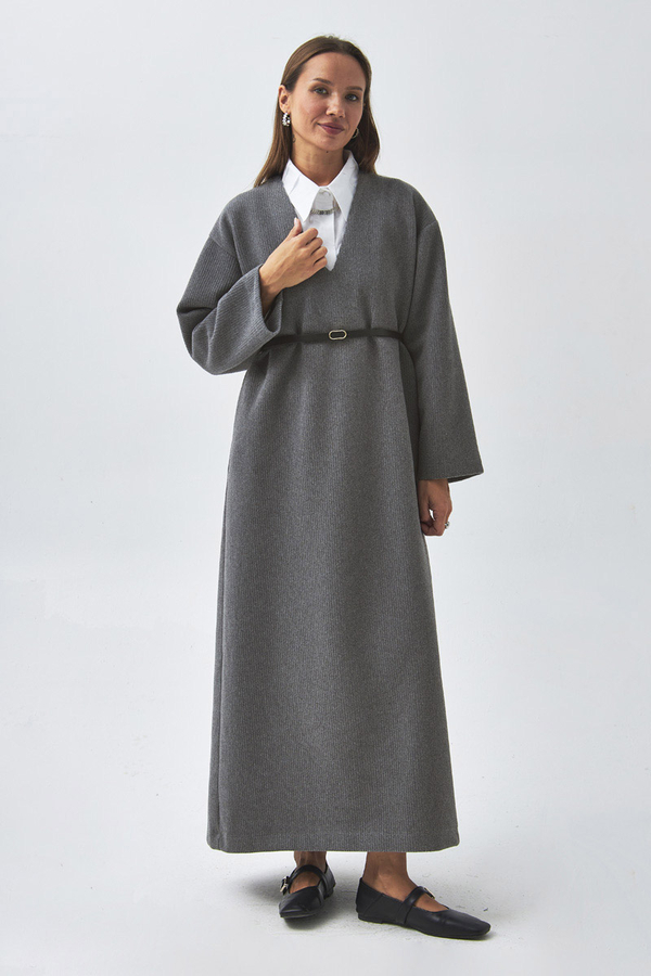 V Neck Textured Stripe Dress Anthracite - 8