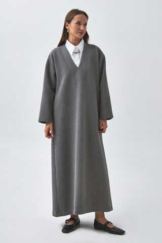 V Neck Textured Stripe Dress Anthracite - 1