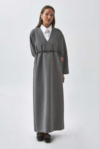 V Neck Textured Stripe Dress Anthracite - 2