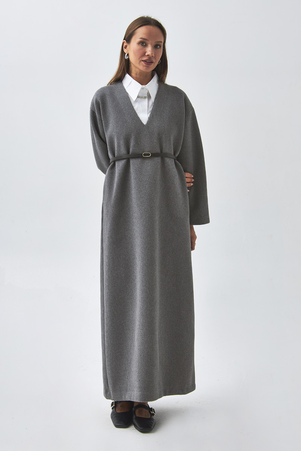 V Neck Textured Stripe Dress Anthracite - 2