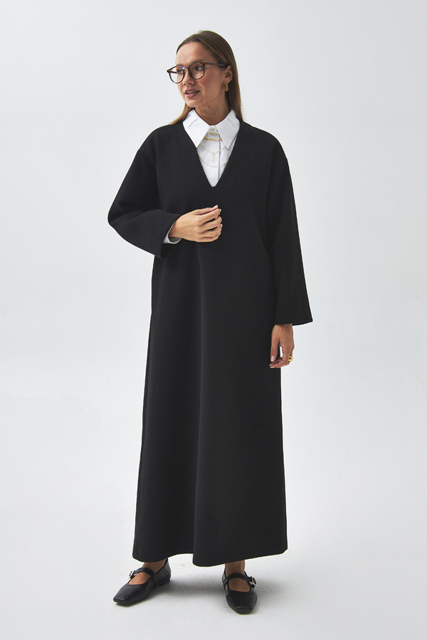 V Neck Textured Stripe Dress Black - 2