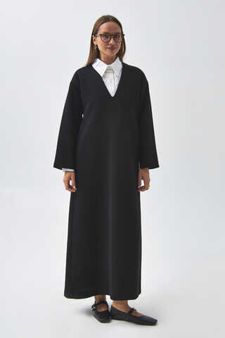 V Neck Textured Stripe Dress Black - 3