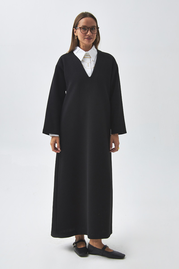 V Neck Textured Stripe Dress Black - 3