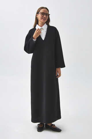 V Neck Textured Stripe Dress Black - 4