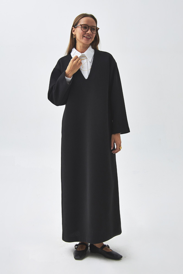 V Neck Textured Stripe Dress Black - 4