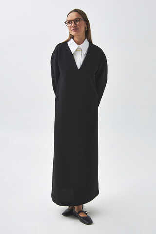 V Neck Textured Stripe Dress Black - 5