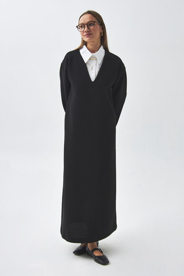 V Neck Textured Stripe Dress Black - 5