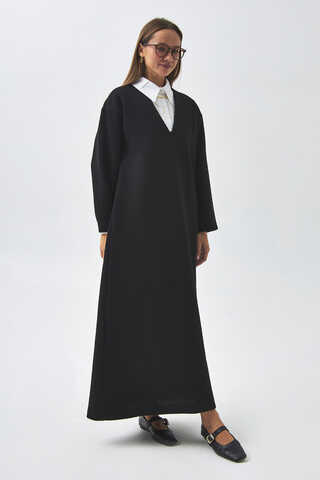 V Neck Textured Stripe Dress Black - 6