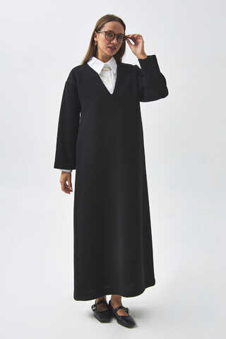 V Neck Textured Stripe Dress Black - 7