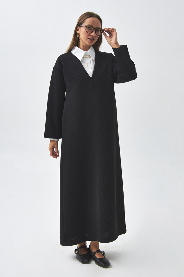 V Neck Textured Stripe Dress Black - 7